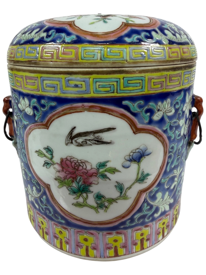 Just Added - Vintage Chinese Nyonya Hand-painted Porcelain Lidded Jar 5.5W X 6H