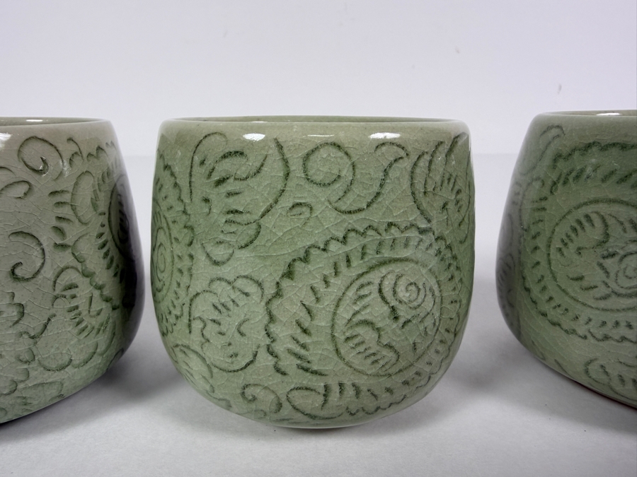 Just Added - (4) Thai Celadon Pottery Cups 2.75'H [Photo 3]