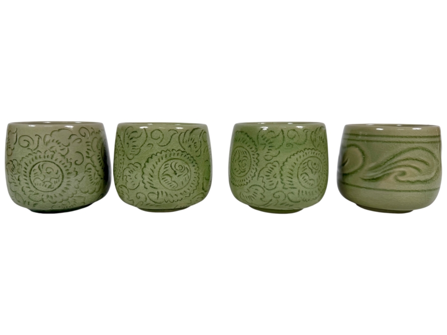 Just Added - (4) Thai Celadon Pottery Cups 2.75'H