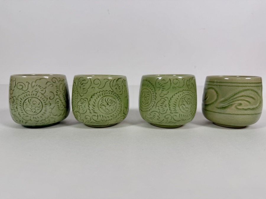 Just Added - (4) Thai Celadon Pottery Cups 2.75'H [Photo 2]