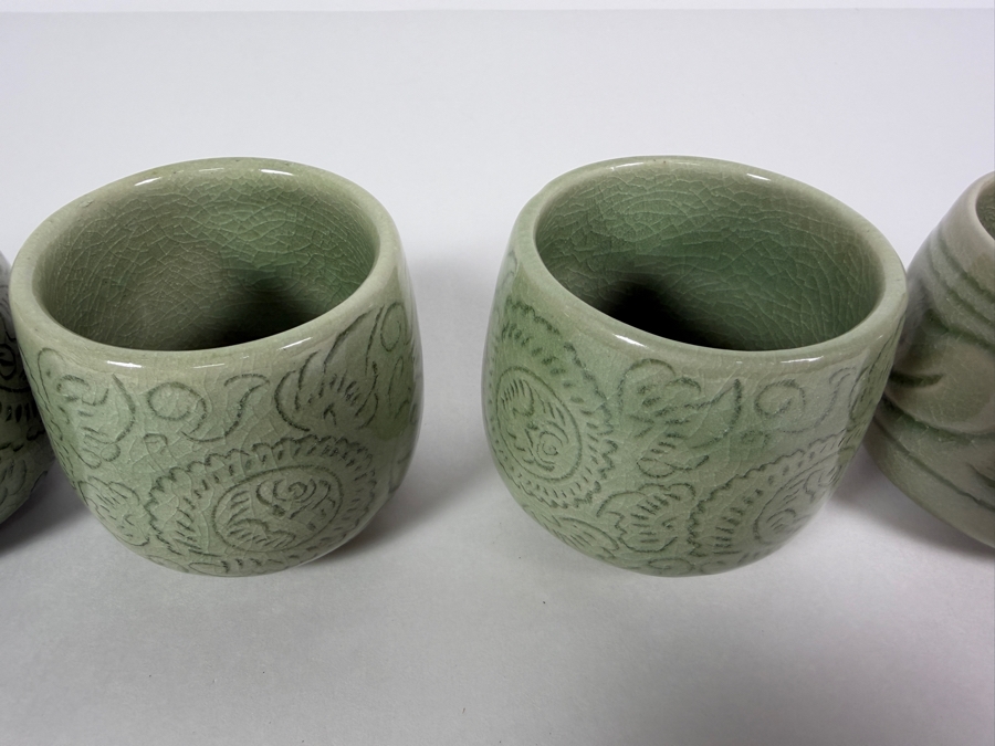 Just Added - (4) Thai Celadon Pottery Cups 2.75'H [Photo 5]