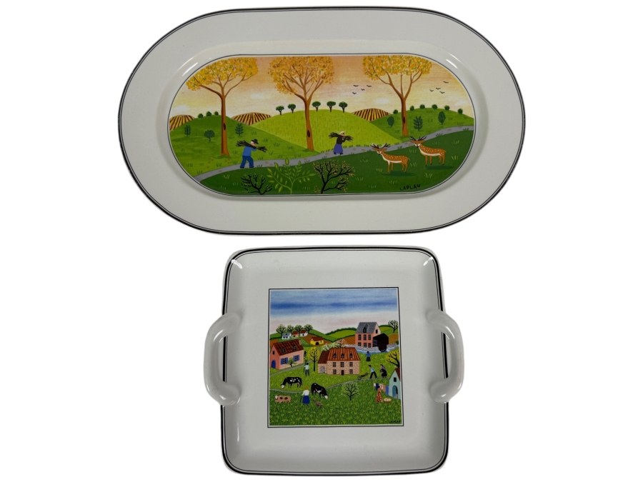 Two-Piece Villeroy & Boch Design Naif Gérard Laplau Porcelain Serving Platter And Handled Tray Set 15' W And 9'W