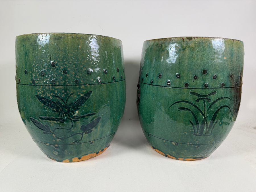 Just Added - Pair of Vintage Chinese Green Glazed Terracotta Garden Stools 12W X 14.5H [Photo 8]