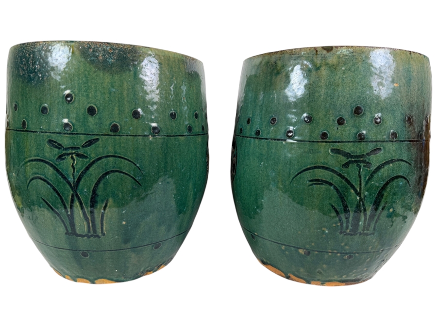 Just Added - Pair of Vintage Chinese Green Glazed Terracotta Garden Stools 12W X 14.5H