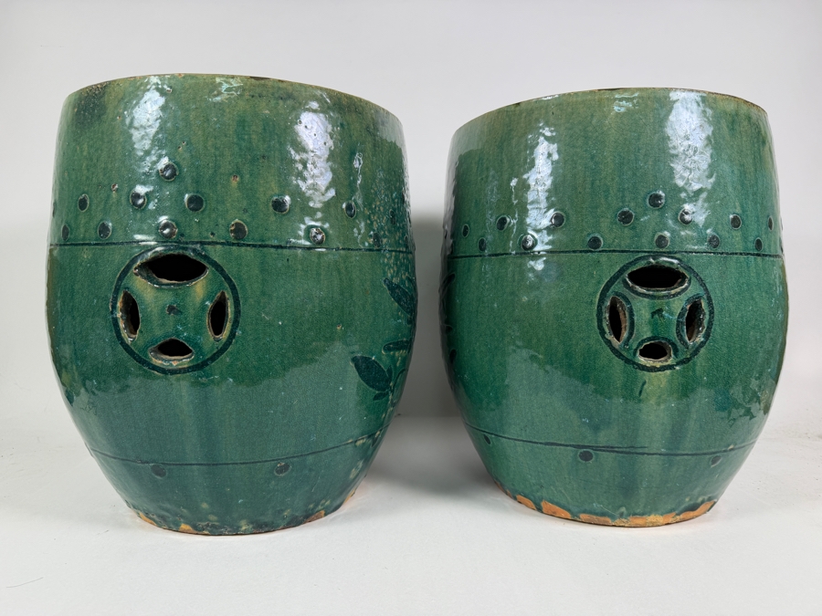 Just Added - Pair of Vintage Chinese Green Glazed Terracotta Garden Stools 12W X 14.5H [Photo 6]