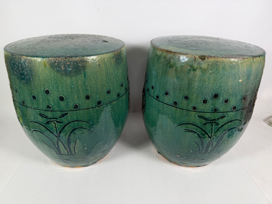 Just Added - Pair of Vintage Chinese Green Glazed Terracotta Garden Stools 12W X 14.5H [Photo 3]