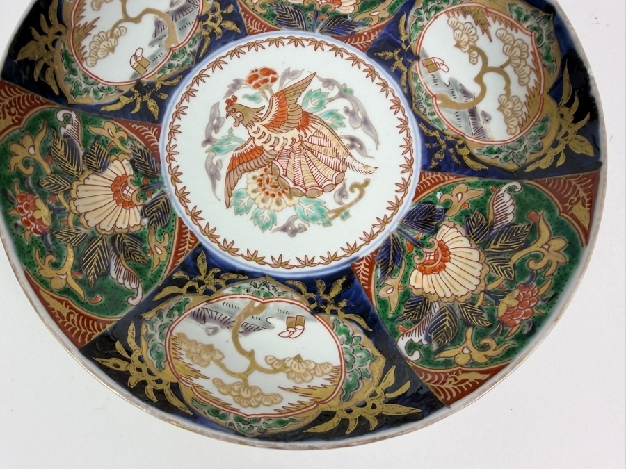 Vintage Japanese Gold Imari Hand-Painted Porcelain Charger Plate With Phoenix Medallion 10'W [Photo 5]