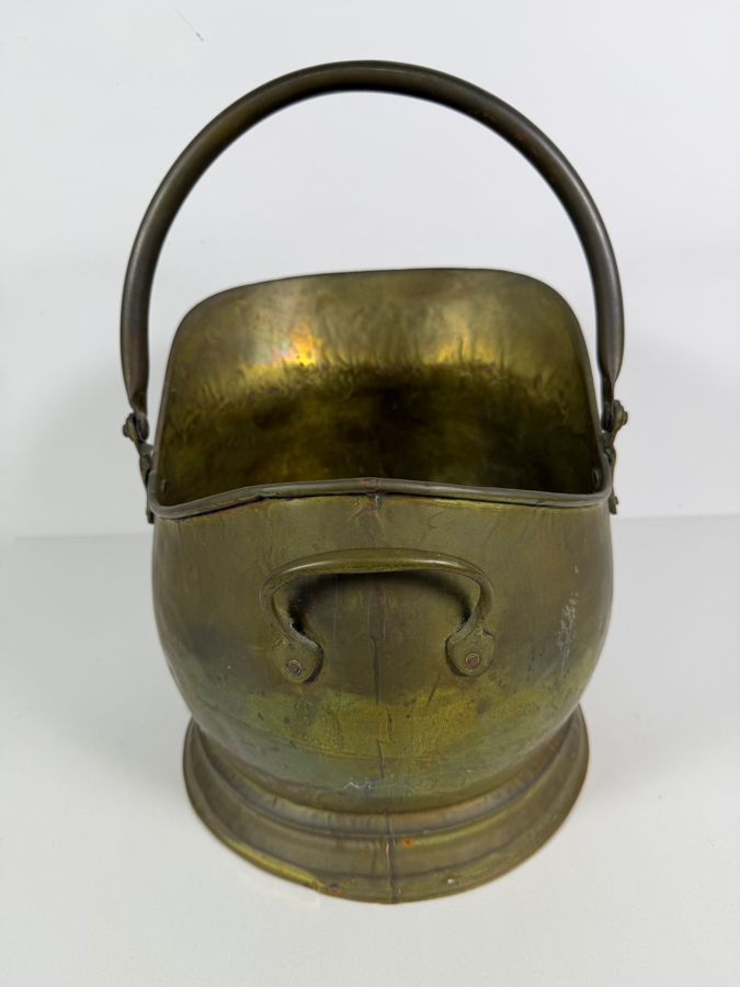 Vintage Brass Helmet-Form Fireplace Coal Hod Scuttle With Swivel Handle 15'H [Photo 3]