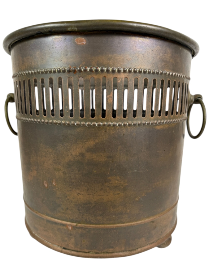 Antique Victorian Pierced Brass Cachepot Planter Stamped With English Maker Touchmark 13'H