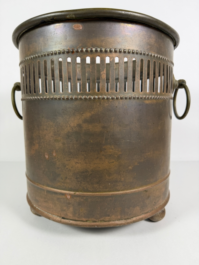 Antique Victorian Pierced Brass Cachepot Planter Stamped With English Maker Touchmark 13'H [Photo 2]