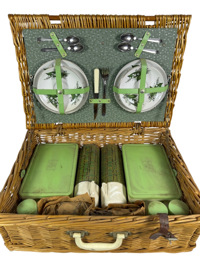 Vintage 1950s Brexton Wicker Picnic Hamper Suite With Lily Of The Valley Pattern Porcelain 21' X 14' X 7'
