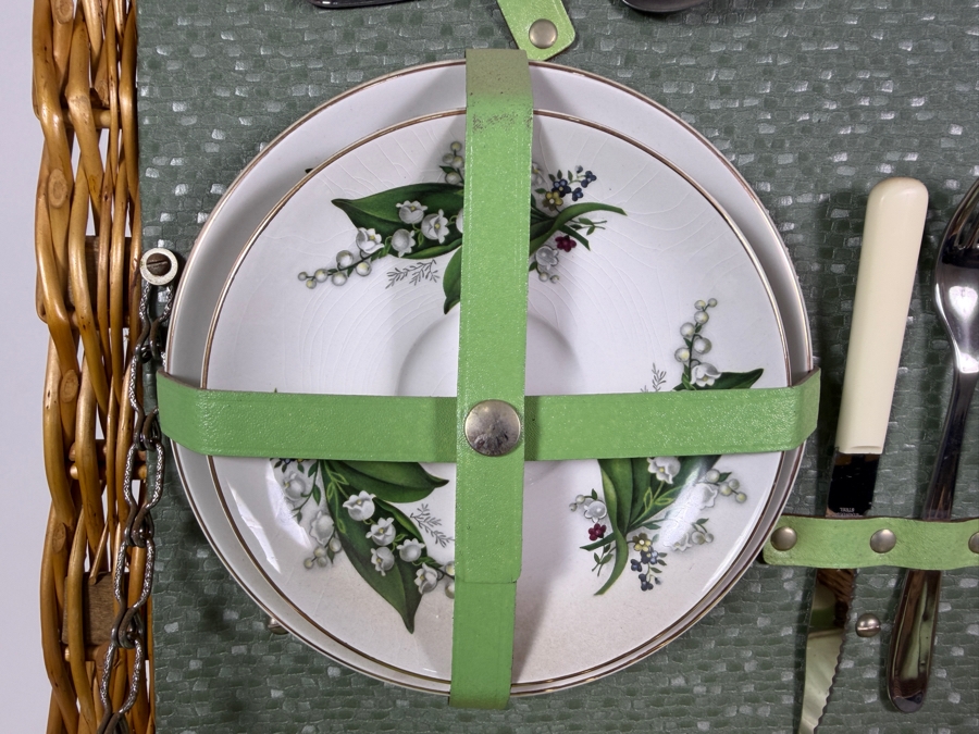 Vintage 1950s Brexton Wicker Picnic Hamper Suite With Lily Of The Valley Pattern Porcelain 21' X 14' X 7' [Photo 4]