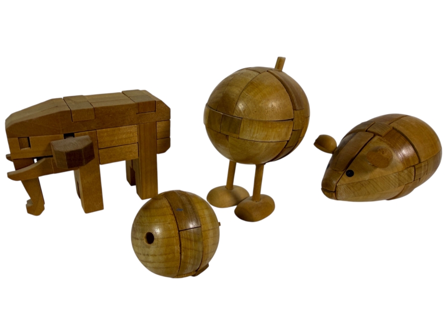 Lot Of Four Vintage Japanese Wooden Kumiki Interlocking 3D Burr Brain Teaser Puzzles 1 - 3'H
