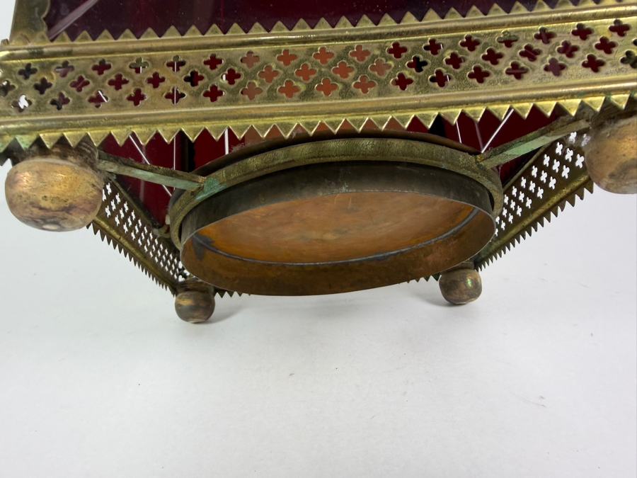 Antique Victorian Brass-Framed Beveled Ruby Cut-Glass Pierced Candle Lantern 7.5' X 7.5' X 14' [Photo 4]