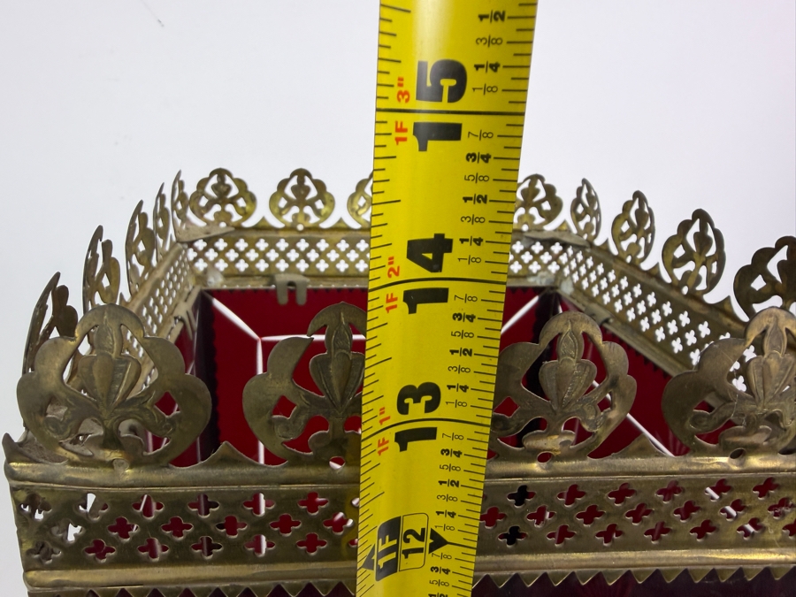 Antique Victorian Brass-Framed Beveled Ruby Cut-Glass Pierced Candle Lantern 7.5' X 7.5' X 14' [Photo 7]