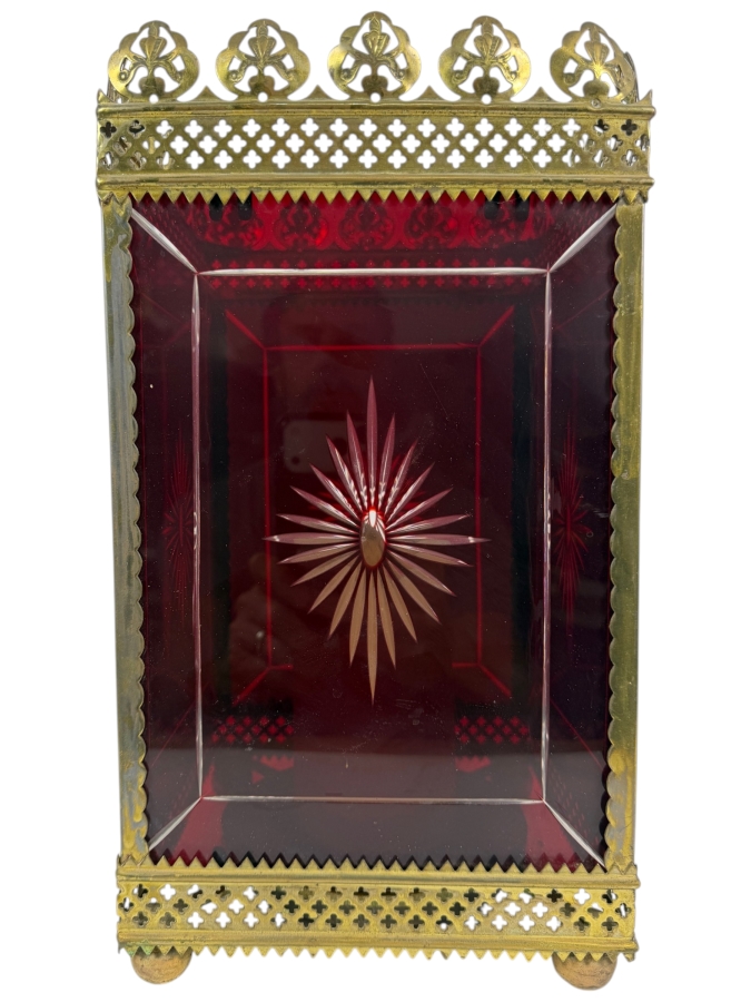 Antique Victorian Brass-Framed Beveled Ruby Cut-Glass Pierced Candle Lantern 7.5' X 7.5' X 14'
