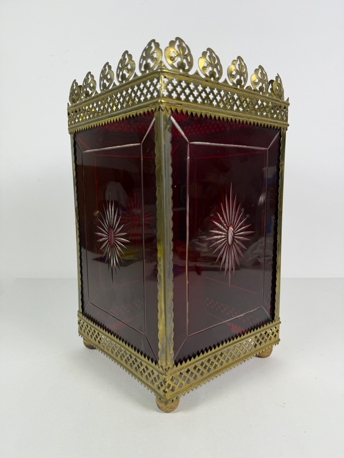 Antique Victorian Brass-Framed Beveled Ruby Cut-Glass Pierced Candle Lantern 7.5' X 7.5' X 14' [Photo 2]