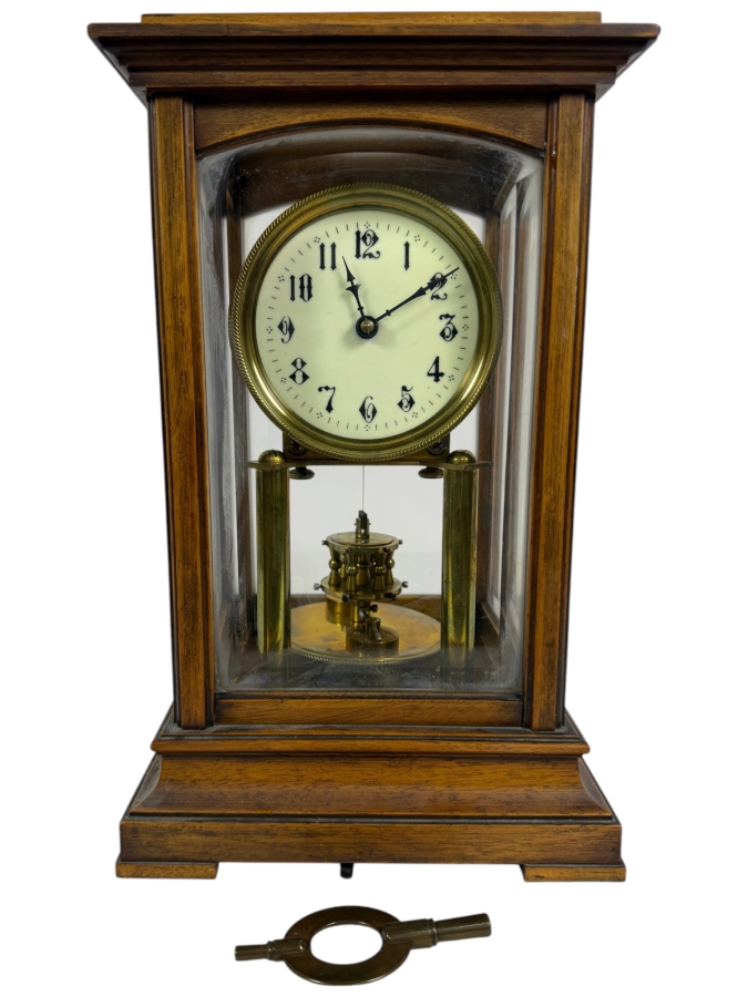 Antique Gustav Becker Walnut Four-Glass Torsion Pendulum 400-Day Anniversary Clock With Key 7.5'W X 7'D X 12'H