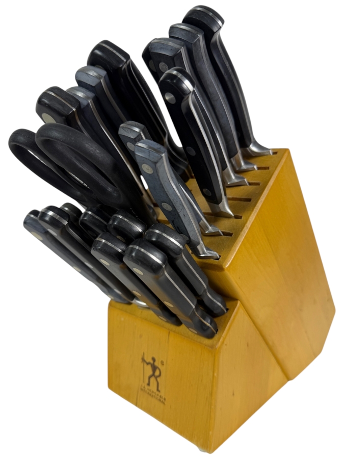 Large Assorted Kitchen Cutlery Group In Henckels Block Including Henckels And Farberware Knives