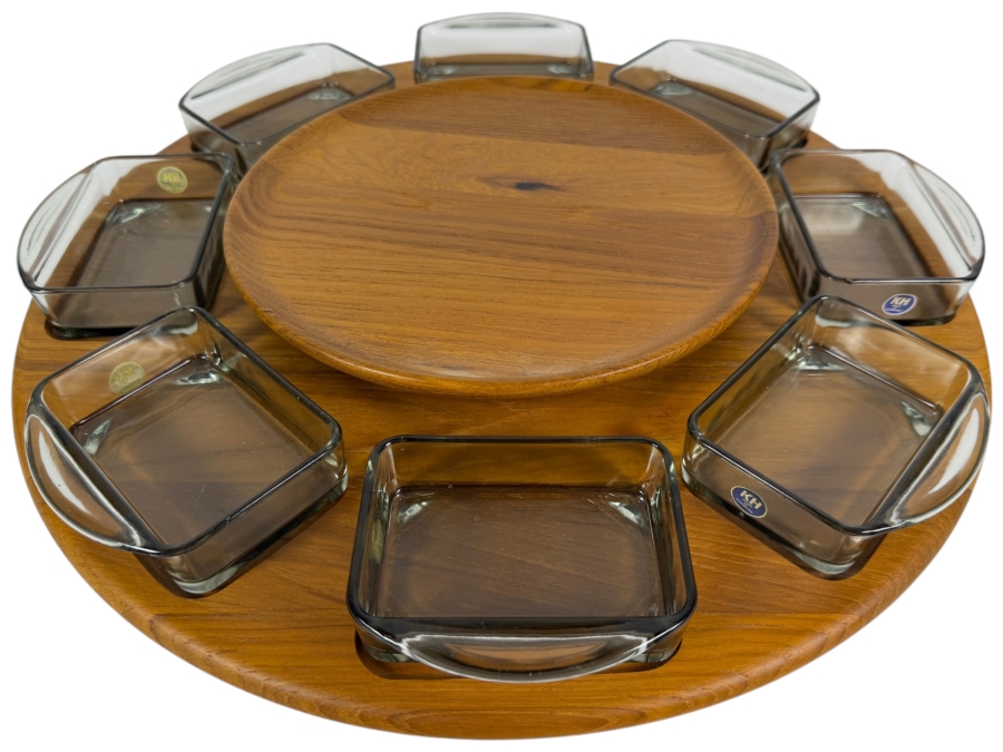 Vintage 1960s Digsmed Denmark Danish Modern Two-Tier Teak And Smoked Glass Lazy Susan 16'W X 3.5'H
