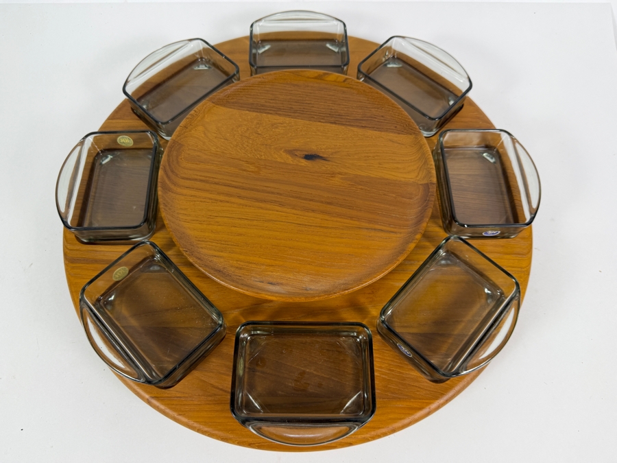 Vintage 1960s Digsmed Denmark Danish Modern Two-Tier Teak And Smoked Glass Lazy Susan 16'W X 3.5'H [Photo 3]