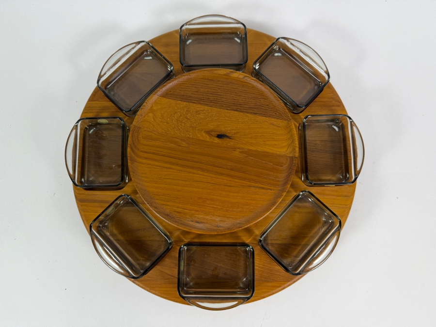 Vintage 1960s Digsmed Denmark Danish Modern Two-Tier Teak And Smoked Glass Lazy Susan 16'W X 3.5'H [Photo 4]