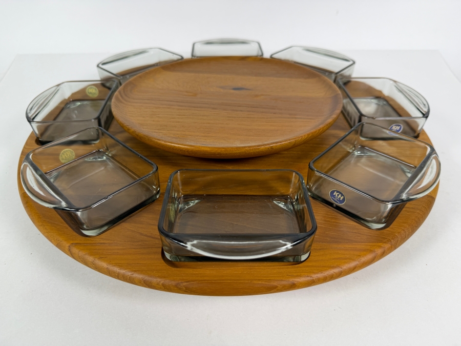 Vintage 1960s Digsmed Denmark Danish Modern Two-Tier Teak And Smoked Glass Lazy Susan 16'W X 3.5'H [Photo 2]