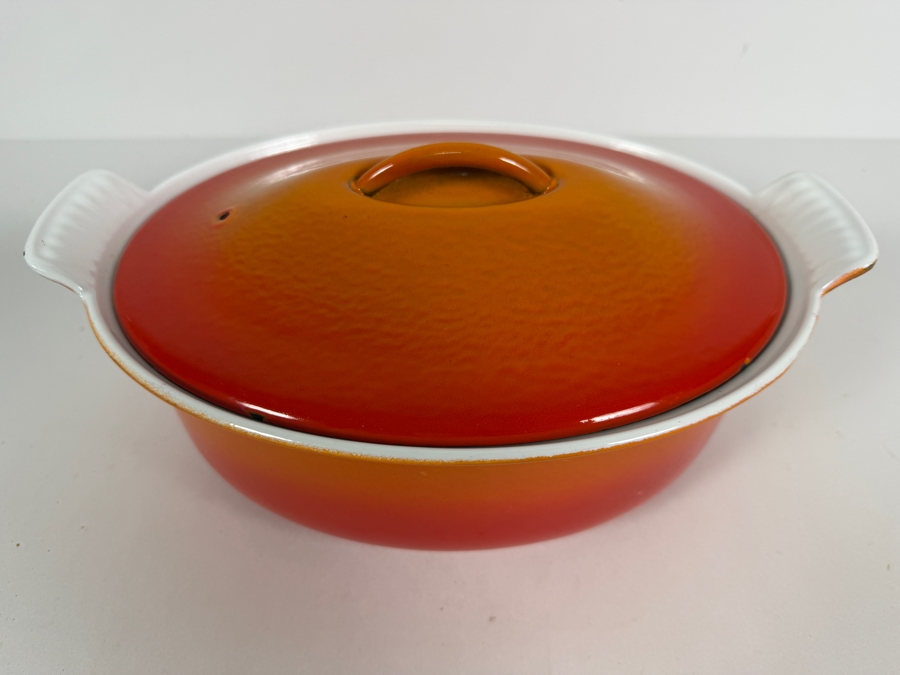 Vintage Le Creuset Flame Orange Enameled Cast Iron No. 26 Covered Oval Casserole Dish 11.5'W X 6'H [Photo 2]
