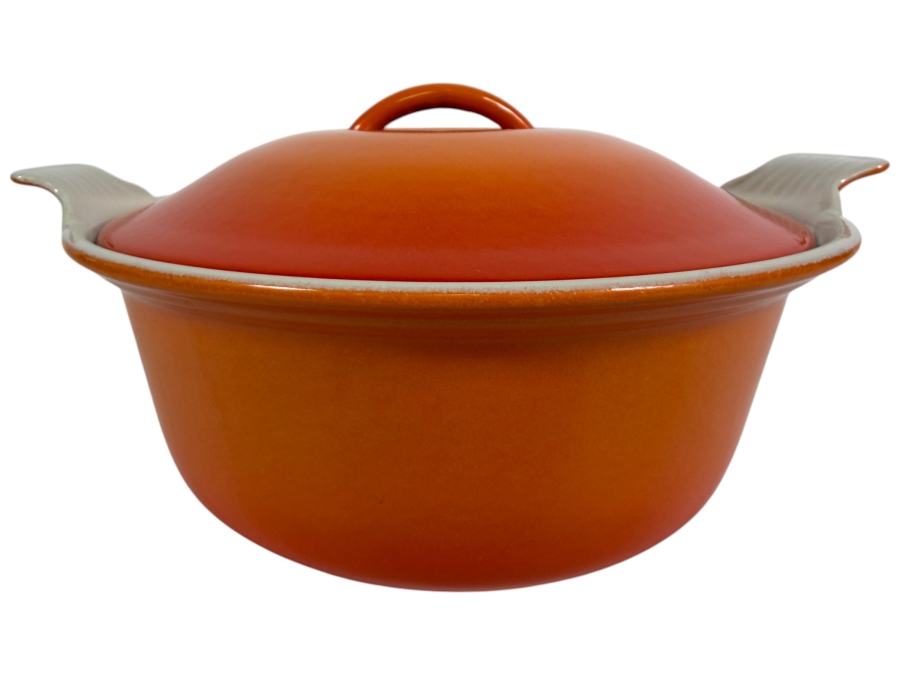 Vintage Descoware Belgium Flame Orange Enameled Cast Iron No. 24 Covered Round Casserole Dutch Oven 11'W X 6'H