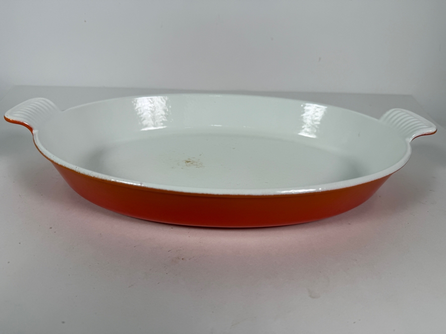 Vintage Le Creuset Flame Orange Enameled Cast Iron Shallow Oval Gratin Baking Dish 16'W X 10'D [Photo 2]