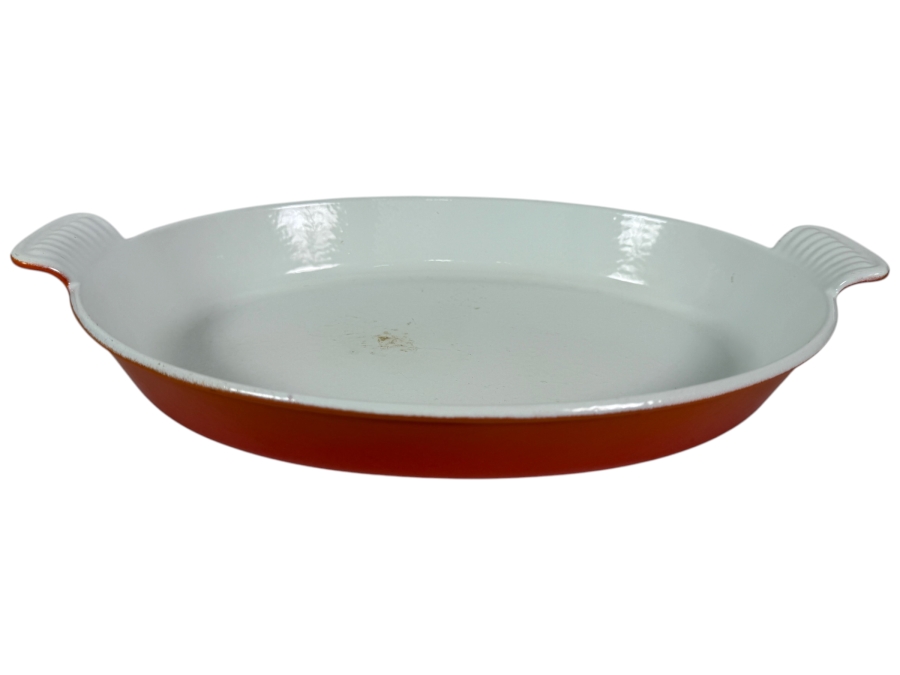 Vintage Le Creuset Flame Orange Enameled Cast Iron Shallow Oval Gratin Baking Dish 16'W X 10'D