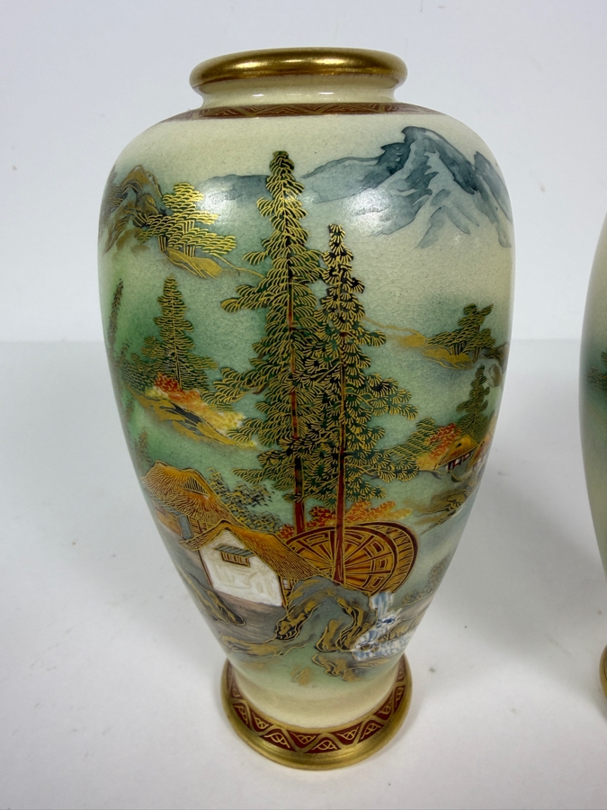 Pair Of Vintage Japanese Soko China Satsuma Moriage Gilt Landscape Ovoid Vases 6'H [Photo 2]