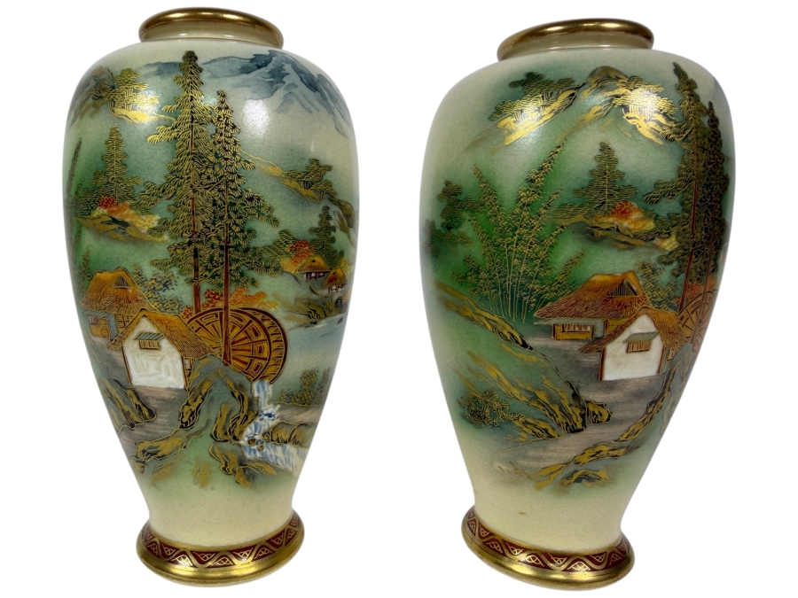 Pair Of Vintage Japanese Soko China Satsuma Moriage Gilt Landscape Ovoid Vases 6'H