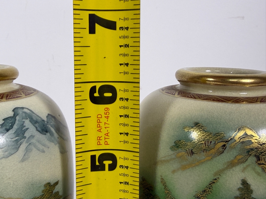 Pair Of Vintage Japanese Soko China Satsuma Moriage Gilt Landscape Ovoid Vases 6'H [Photo 5]