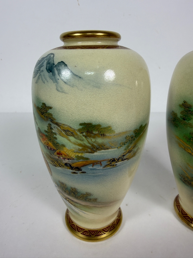 Pair Of Vintage Japanese Soko China Satsuma Moriage Gilt Landscape Ovoid Vases 6'H [Photo 3]