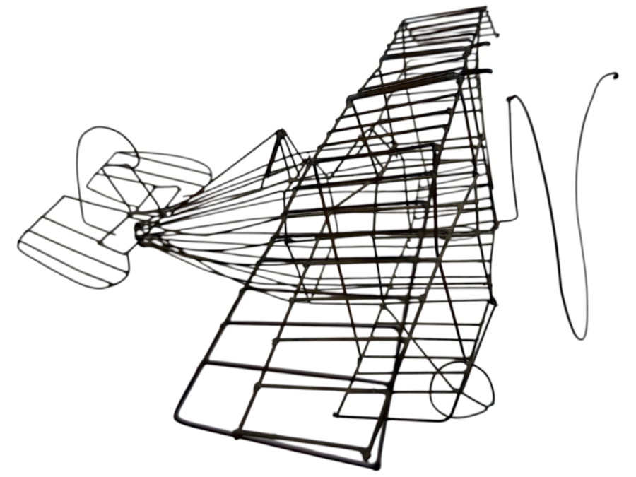 Vintage Mid-Century Modern Welded Iron Wire Biplane Model Art Sculpture 15'W X 14'D X 7'H