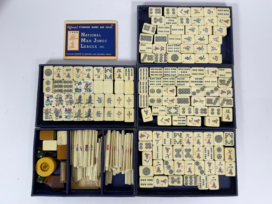 Vintage Hand Carved Bone And Bamboo Mahjong Set In Original Fitted Leather Case With 1948 National Mah Jongg League Rules Booklet [Photo 2]