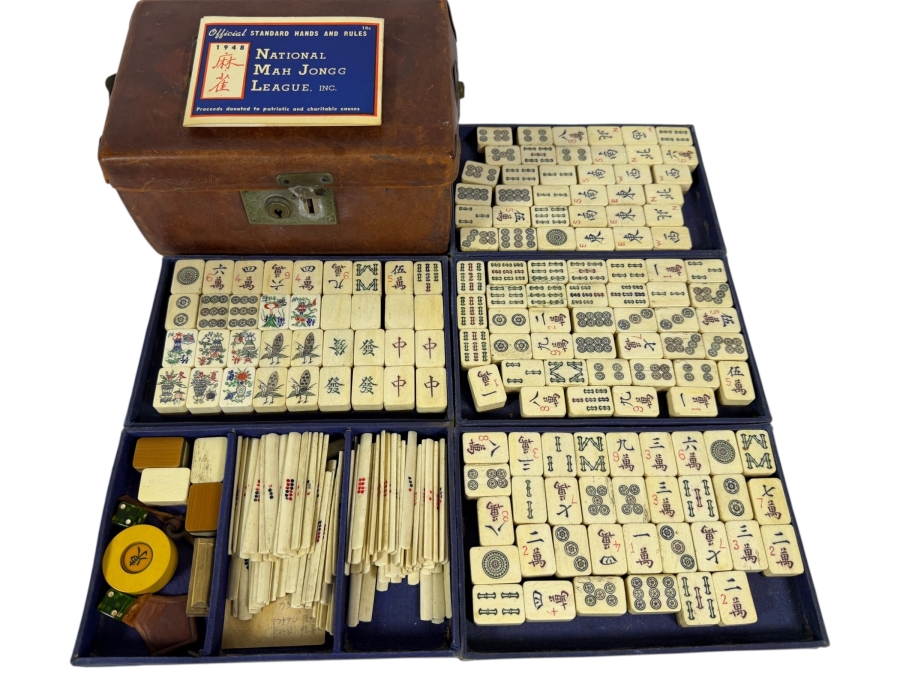Vintage Hand Carved Bone And Bamboo Mahjong Set In Original Fitted Leather Case With 1948 National Mah Jongg League Rules Booklet