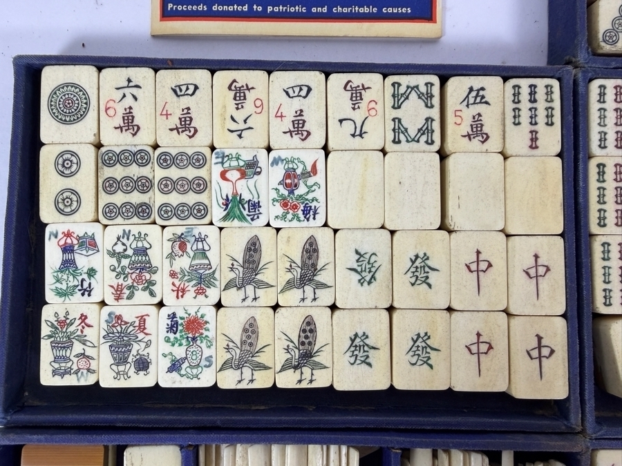Vintage Hand Carved Bone And Bamboo Mahjong Set In Original Fitted Leather Case With 1948 National Mah Jongg League Rules Booklet [Photo 4]