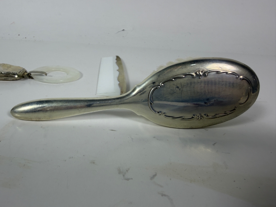 Vintage Three Piece Webster Company Sterling Silver Vanity Set And Dated Baby Rattle 64.9g [Photo 7]