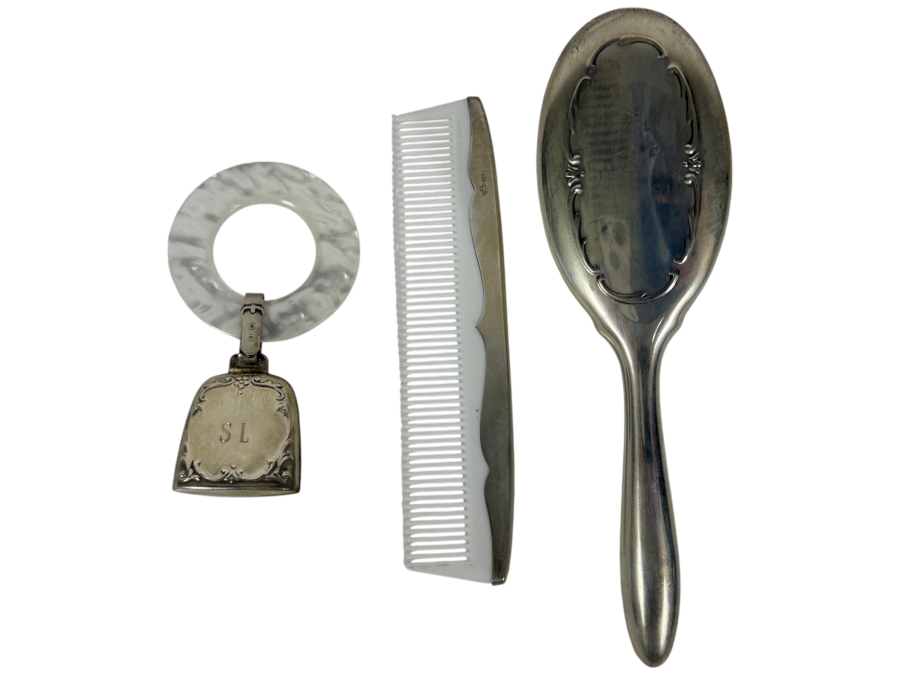 Vintage Three Piece Webster Company Sterling Silver Vanity Set And Dated Baby Rattle 64.9g