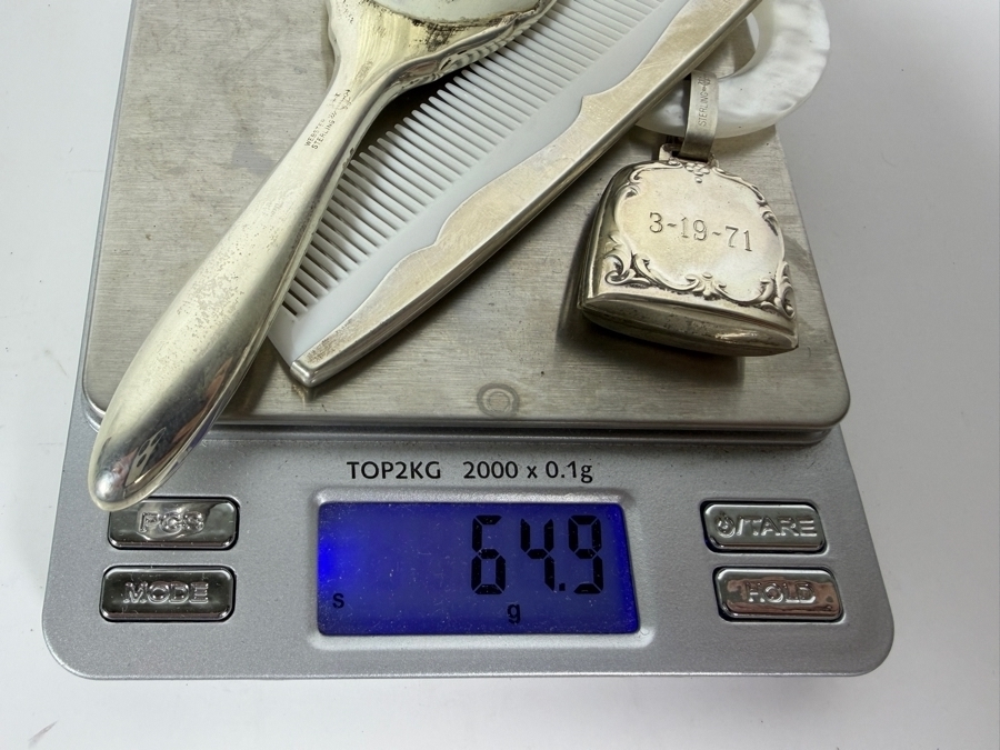 Vintage Three Piece Webster Company Sterling Silver Vanity Set And Dated Baby Rattle 64.9g [Photo 9]