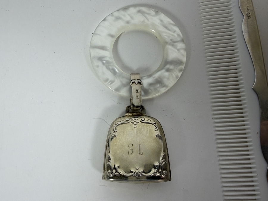 Vintage Three Piece Webster Company Sterling Silver Vanity Set And Dated Baby Rattle 64.9g [Photo 3]