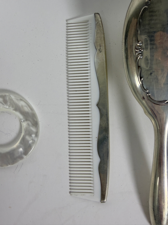 Vintage Three Piece Webster Company Sterling Silver Vanity Set And Dated Baby Rattle 64.9g [Photo 5]