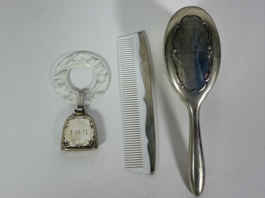 Vintage Three Piece Webster Company Sterling Silver Vanity Set And Dated Baby Rattle 64.9g [Photo 2]