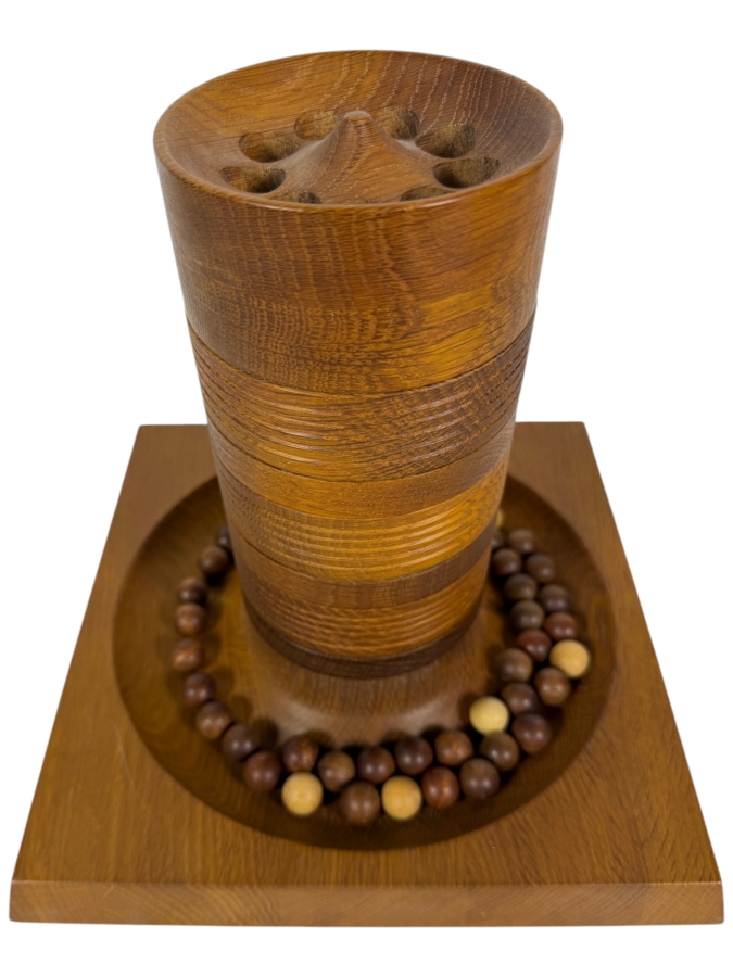 Vintage Danish Modern Teak Tarnspil Tower Game Designed By Piet Hein For Skjode Skjern Denmark Featuring Multi Tonal Wooden Marbles And Instructions 9' X 9' X 9'