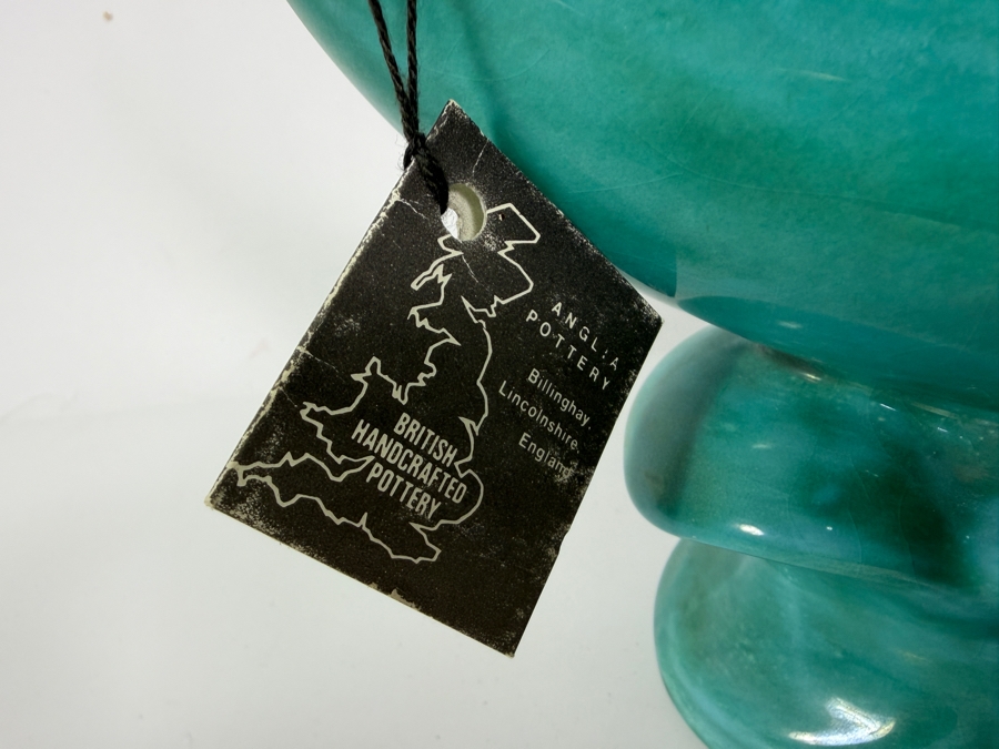 Vintage Anglia Pottery Turquoise Blue Glazed Ceramic Dolphin Figurine With Original Billinghay Lincolnshire England Hang Tag 7.25'H [Photo 3]