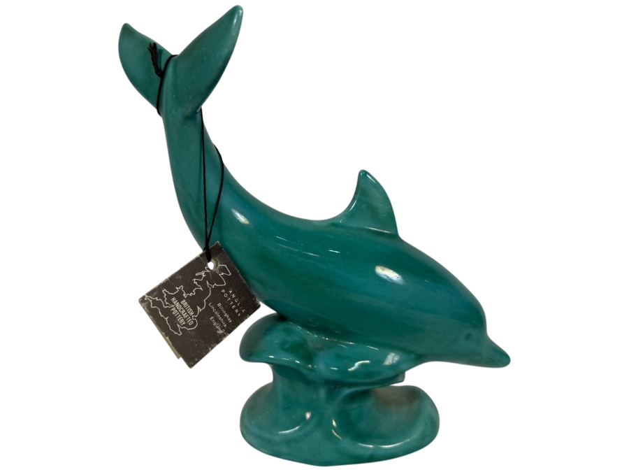 Vintage Anglia Pottery Turquoise Blue Glazed Ceramic Dolphin Figurine With Original Billinghay Lincolnshire England Hang Tag 7.25'H