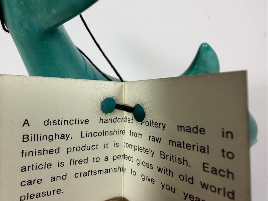 Vintage Anglia Pottery Turquoise Blue Glazed Ceramic Dolphin Figurine With Original Billinghay Lincolnshire England Hang Tag 7.25'H [Photo 4]