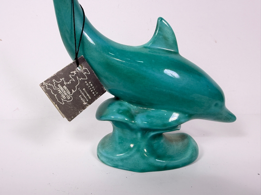 Vintage Anglia Pottery Turquoise Blue Glazed Ceramic Dolphin Figurine With Original Billinghay Lincolnshire England Hang Tag 7.25'H [Photo 2]